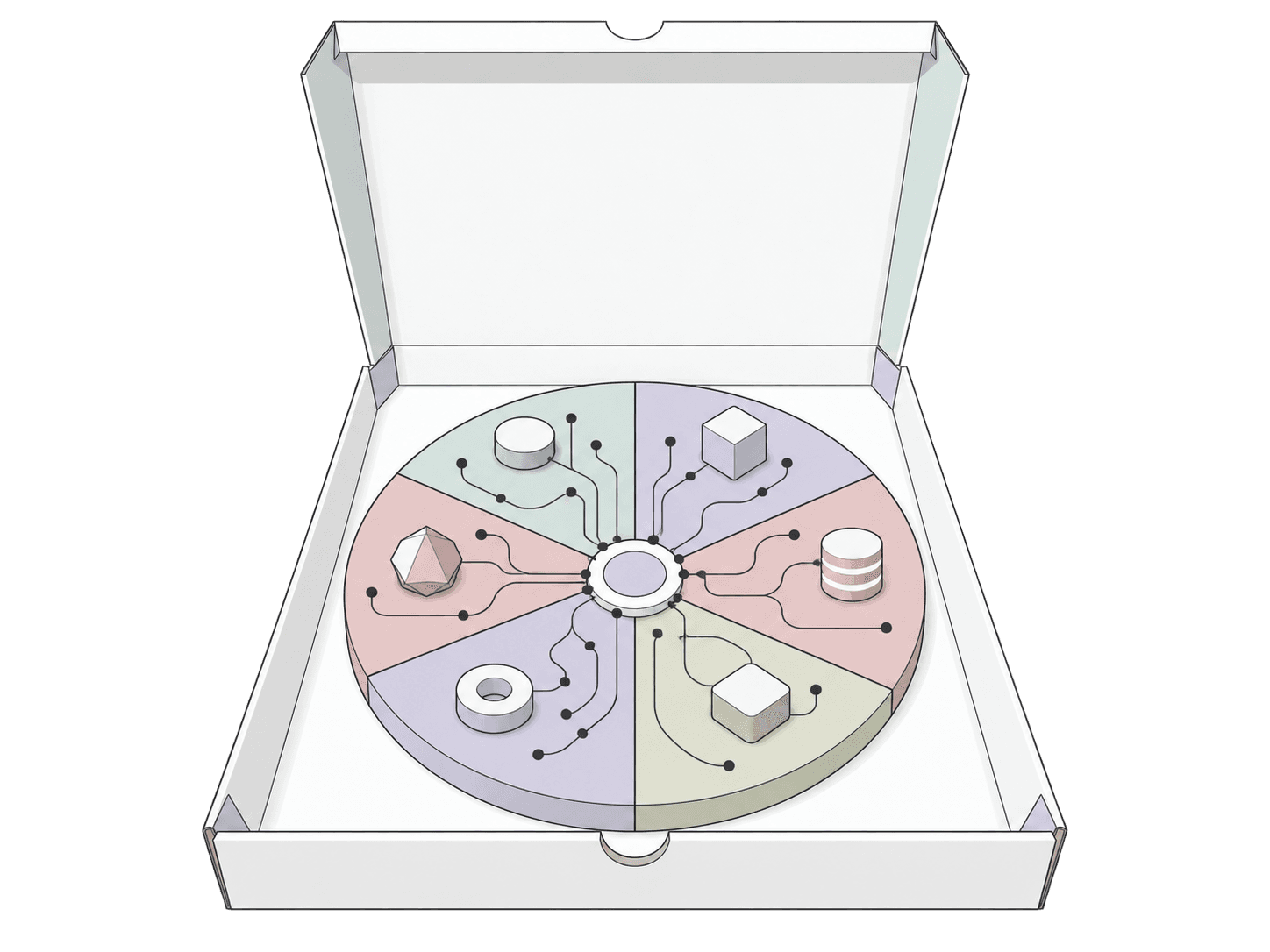 An open pizza box holds a circular system of six connected pastel sectors.